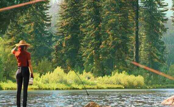 hyper realistic wide river with lush pines on the banks, and a very attractive women standing in the river fly fishing