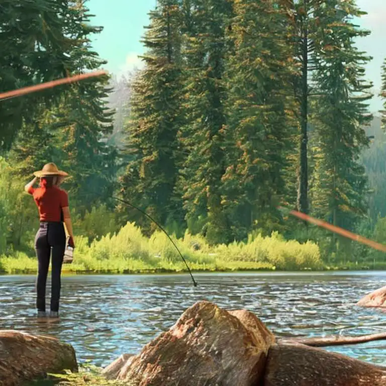 hyper realistic wide river with lush pines on the banks, and a very attractive women standing in the river fly fishing